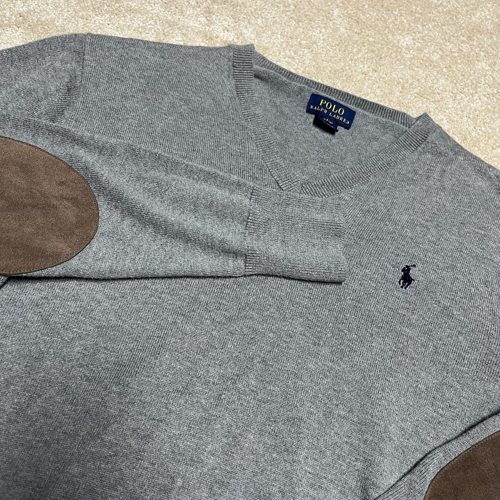 Polo Ralph Lauren Boys L 14-16 V-Neck Sweater Gray Cotton Suede Elbow Patches